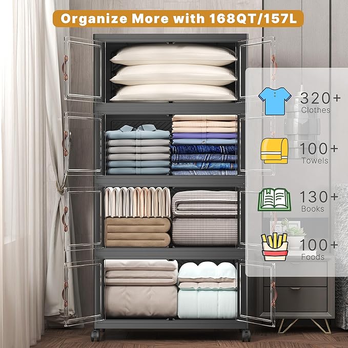 Extra Large Stackable Storage Bins with Lids&Wheels,1320QT-165QT/41GAL*8Pack Collapsible Container Closet Organizers,Plastic Stackable Storage drawers for bedroom Dorm