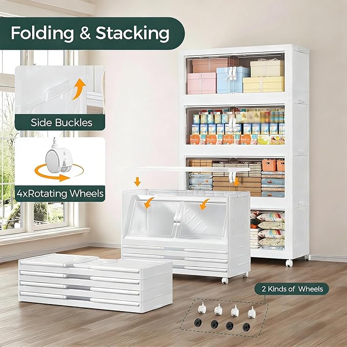 1100QT Extra Large Stackable Storage Bins with Lid, 275Gal Collapsible Storage Box with Wheels and Doors, Plastic Closet Organizer and Storage Cabinet for Home Kitchen Office Dorm, 5Pack White