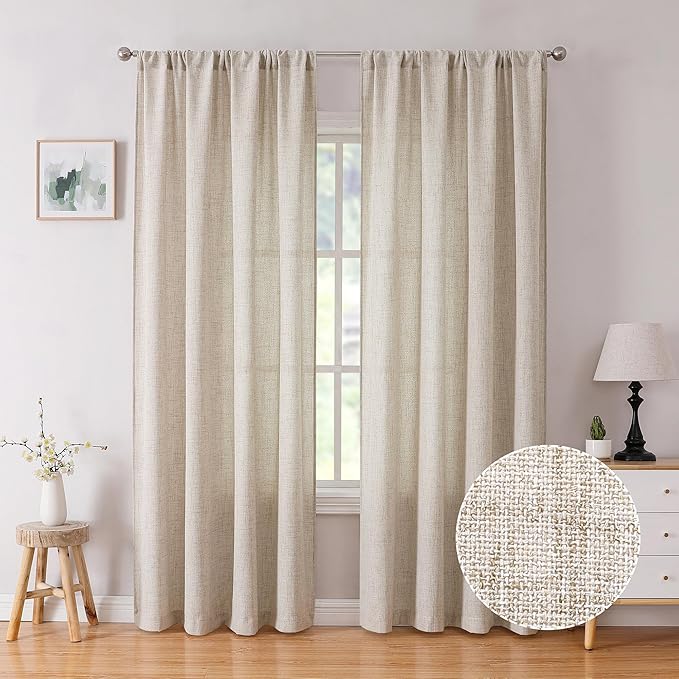 Tollpiz Linen Curtain Living Room Rod Pocket Semi Sheer Curtains Burlap Light Filtering Thick Linen Drape for Bedroom, 54 x 72 inches Long, Natural, Set of 2 Panels