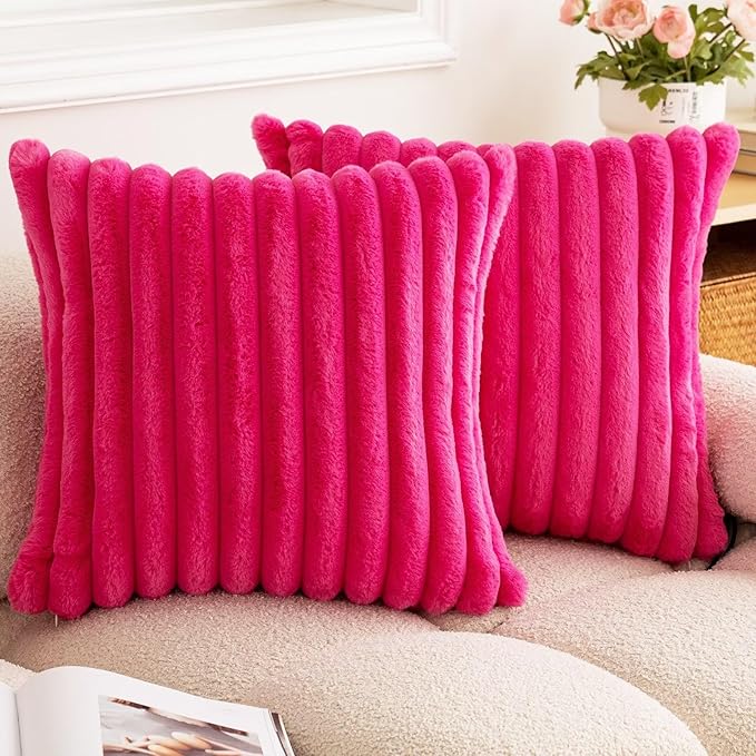 Double-Sided Faux Fur Plush Throw Pillow Covers 24x24 Set of 2 Fuzzy Striped Soft Cozy Pillowcase Luxury Decorative Pillows Square Shaggy Cushion Covers for Couch Sofa Bed,Hot Pink