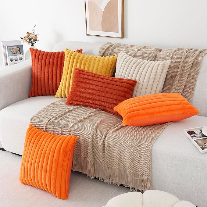 Pallene Faux Fur Plush Fall Throw Pillow Covers 24x24 Set of 2, Luxury Soft Fluffy Striped Decorative Pillow Covers for Sofa, Couch, Living Room, Rust