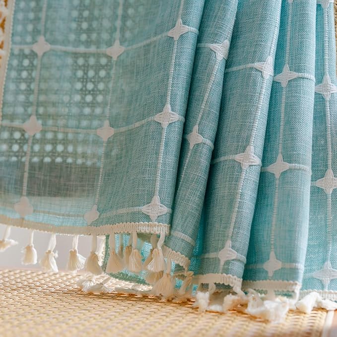 Sutuo Home Boho Curtains for Kitchen Nursery Kid's Room,Bohemian Semi Blackout Plaids Linen Privacy Farmhouse Tassels Window Treatment Embroidery Drape, Rod Pocket 1 Panel 52" W x 63" L, Aqua Blue