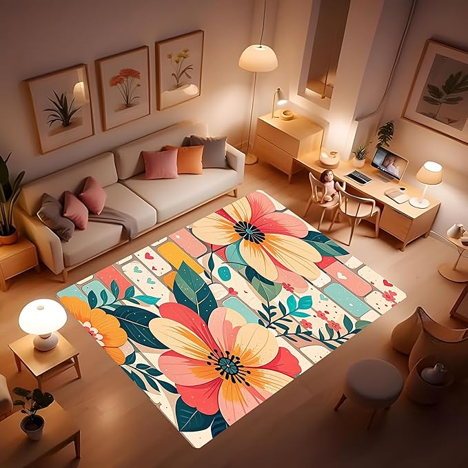 Machine Washable 3' x 5' Bohemian-Style Area Rug, Pink Floor mat, Suitable for bedrooms, Girls' Room Bedside, Living Room, Dining Room, Office, Non-Slip Low-Pile Printed Modern Floral Carpet