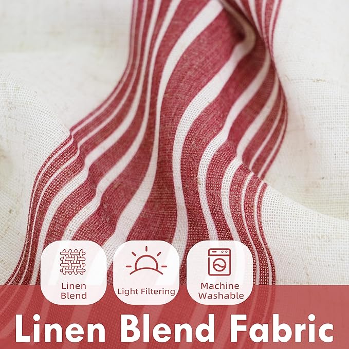 DriftAway Farmhouse Vertical Striped Linen Blend Textured Light Filtering Semi Sheer Curtains for Living Room Bedroom 108 Inches Long Drapes 2 Panels Broad Striped Linen Red