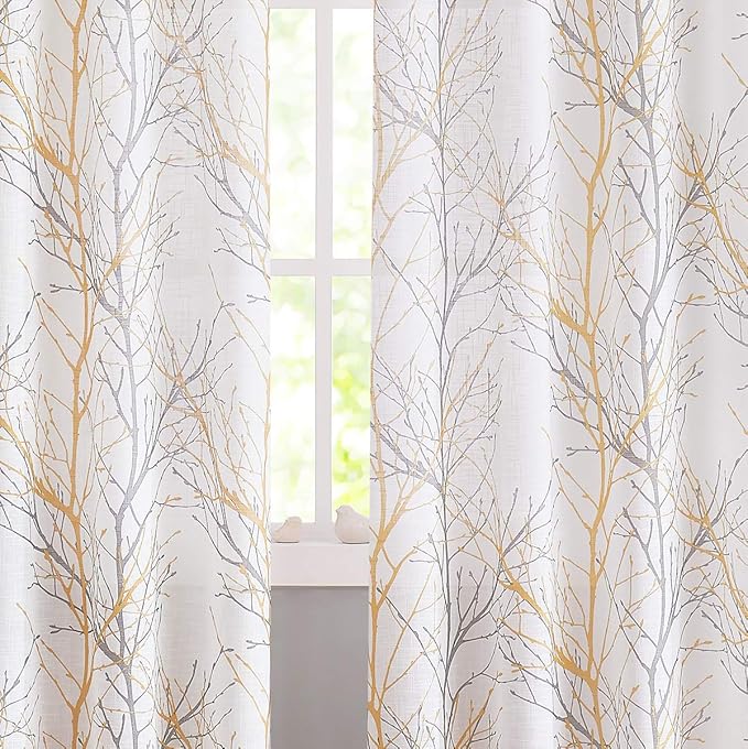 FMFUNCTEX Linen Semi Sheer Curtains for Bedroom, Yellow White Curtains 45 Inches Long for Living Room, Grey Tree Branch Print Curtain Light Filtering Kitchen Window Drapes, Grommet Top 2 Panels