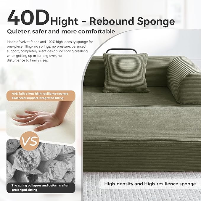 Sleeper Sofa, Comfy Convertible Folding Couch-Futon-Corduroy Fabric Sleeper Sofa Bed with 2 Pillow, Removable Soft Cushion for Small Living Room Dorm/Bedroom/College/Office (Light Green)