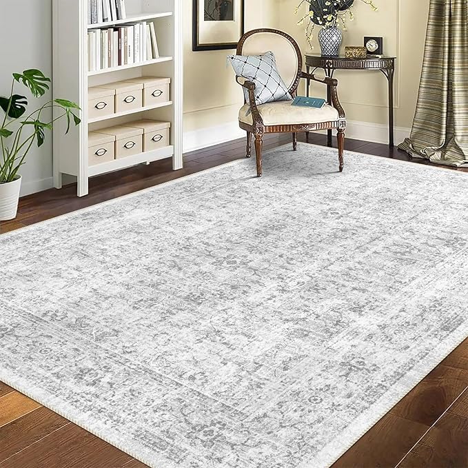 4x6 Rug, Small Area Rug for Living Room, Bedroom, Kitchen, Machine Washable Non-Slip Throw Rug, Vintage Distressed Floral Carpet for Entryway Nursery Dinner Room - Durable (Grey)