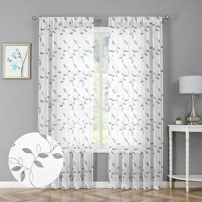 Tollpiz Sage Green Leaf Sheer Curtain Leaves Embroidered Living Room Curtains Rod Pocket Voile Window Treatment for Bedroom, 54 x 72 inches Long, Set of 2 Panels
