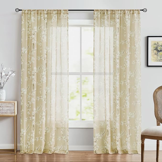 FMFUNCTEX Linen Sheer Curtains for Living Room, Cream Blossom Floral Print Curtains 96 Inches Long for Bedroom, Light Filtering Linen Blend Butter Yellow Floral Window Curtain 2 Panels Rod Pocket