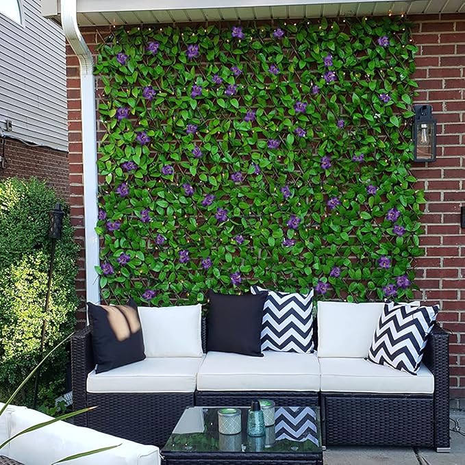 Sumery Expandable Fence Privacy Screen for Balcony Patio Outdoor,Decorative Faux Ivy Fencing Panel,Artificial Hedges (Single Sided Leaves) (1, Green Flowers)