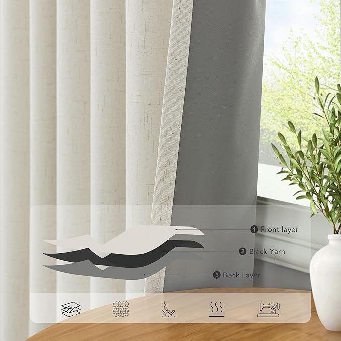 100 Inch Curtains Blackout for Bedroom Cooling Black Out Large Window Linen Look Custom Length 100 Inches Long Neutral Cream Colored Sound Proof Heat Blocking Thermal Drapes for Living Room Dorm 2Pcs
