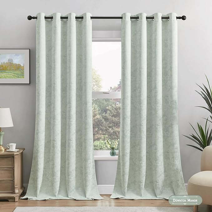 Beauoop Green Floral Jacquard Blackout Curtains 96 Inches Long 2 Panels for Bedroom Living Room Sage Flower Chenille Room Darkening Thermal Insulated Soundproof Grommet Window Treatments Drapes, 52x96