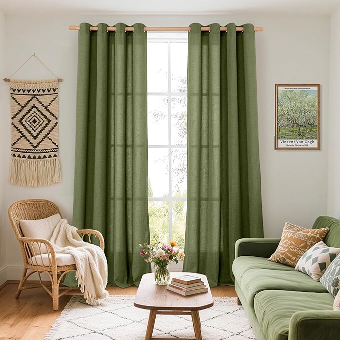 YoungsTex Olive Green Linen Curtains for Living Room, Extra Long Semi Sheer Drapes Light Filtering with Bronze Grommet for Bedroom Country, 2 Panels, 52 X 102 Inch
