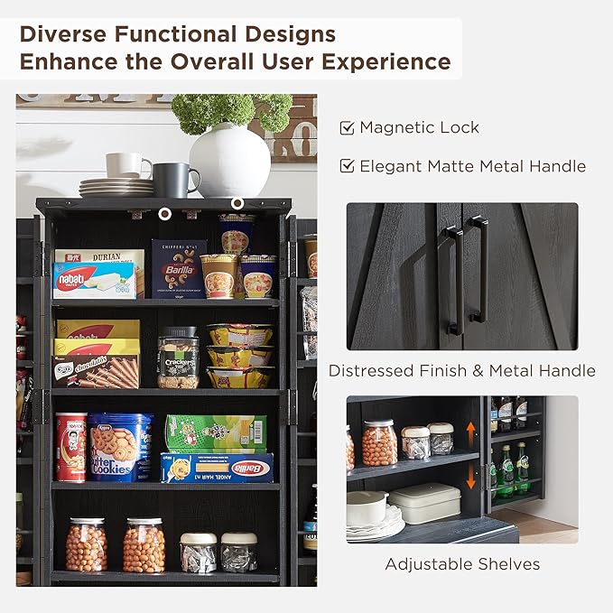 ACCOHOHO 47" Kitchen Pantry, Farmhouse Storage Cabinet with Barn Doors, Organizer and Adjustable Shelves, Rustic Wood Cupboard for Kitchen, Dining Room, Bathroom and Hallway, Black