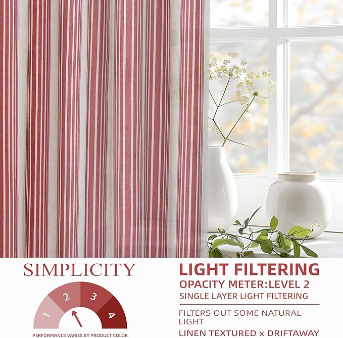 DriftAway Farmhouse Vertical Striped Linen Blend Textured Light Filtering Semi Sheer Curtains for Living Room Bedroom 84 Inches Long Drapes 2 Panels Broad Striped Linen Red