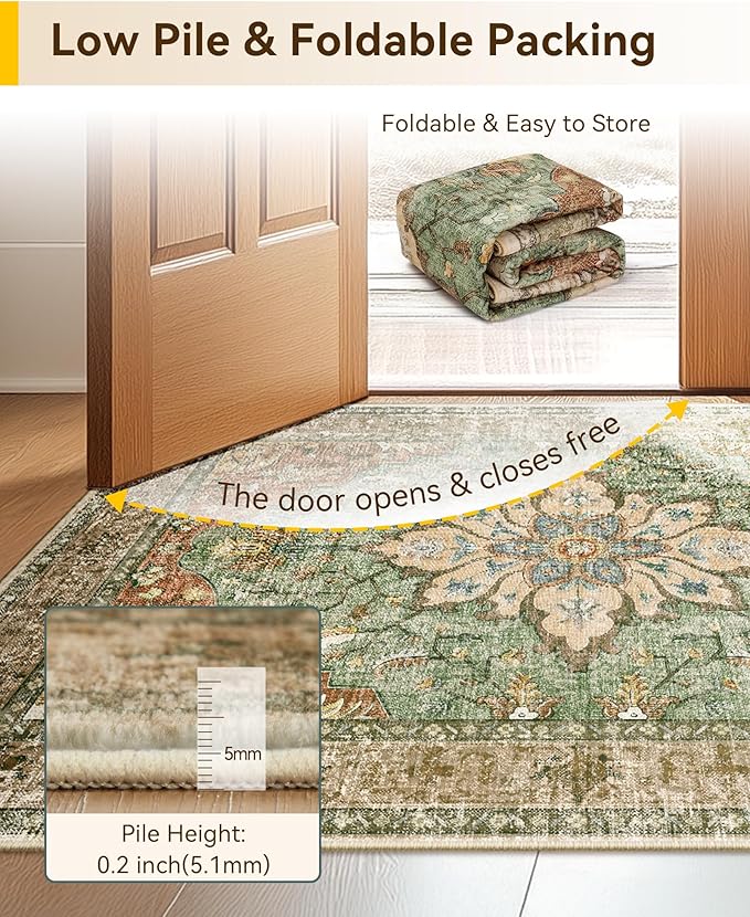 Area Rugs 6'x8' Washable Non-Slip, Floral Vintage Distress Print Pattern Medallion Carpet for Living Room Bedroom Dining Room, Brick Red Rust Neutral Brown Burnt Orange Green