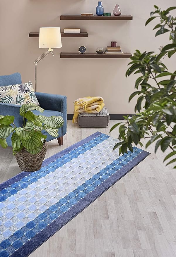 Custom Length Hallway Runner Rug,Slip Resistant,Checkered Blue, 26 Inch X 15 feet, Sold and Priced Per Foot