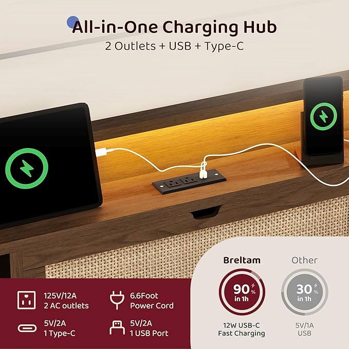 Queen Size Rattan Bed Frame with 4 Storage Drawers and Hidden Storage Headboard Wooden Platform Bed Frame with LED Lights and Charging Station, No Box Spring Needed, Easy Assembly, Brown
