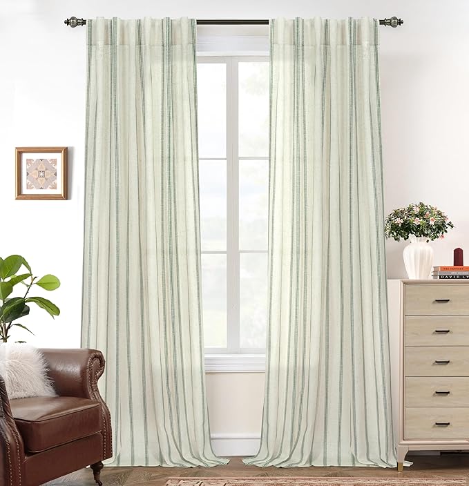 DriftAway Farmhouse Vertical Striped Linen Blend Textured Light Filtering Semi Sheer Curtains for Living Room Bedroom 108 Inches Long Drapes 2 Panels Linen Loden Green