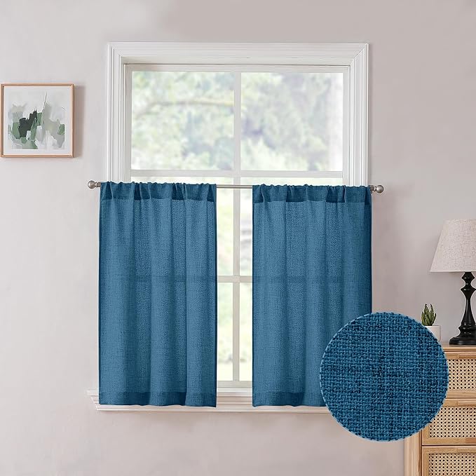 Tollpiz Linen Tier Curtain Rod Pocket Semi Sheer Half Kitchen Curtains Burlap Light Filtering Thick Linen Drape for Bathroom, 30 x 36 inches Long, Classic Blue, Set of 2 Panels