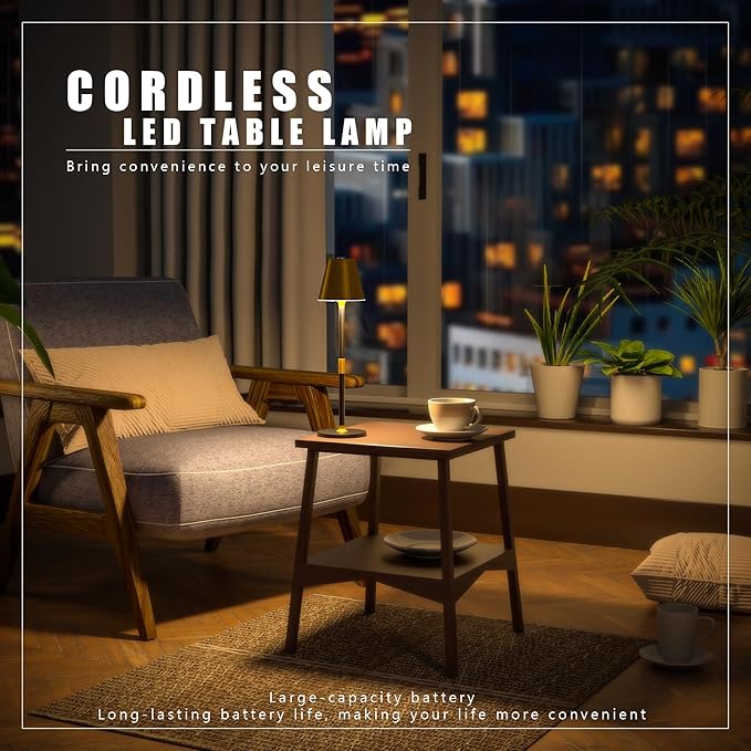 LED CordlessTable Lamp,4000mAh Rechargeable Battery Desk lamp,3 Level Brightness Beside Night Light, Minimalist Design, for Couple Dinner/Coffee Table/Restaurant/Bedroom(Gold&Black 4PACK)