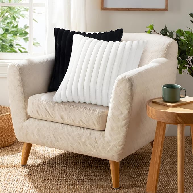 Pallene Faux Fur Plush Throw Pillow Covers 24x24 Set of 2, Luxury Soft Fluffy Striped Decorative Pillow Covers for Sofa, Couch, Living Room, Black