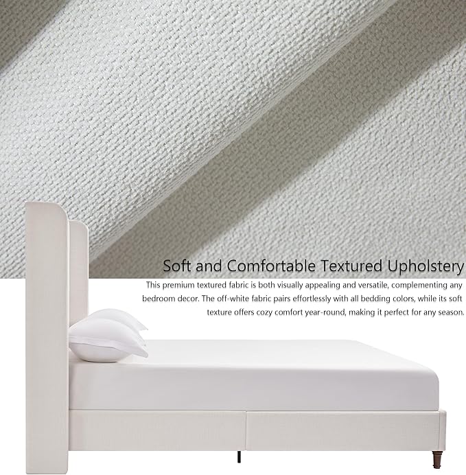 Harper 54" Extra-Tall Headboard Bed Frame - Modern Wingback Upholstered Platform Bed, 1000lbs Heavy Duty Support, Textured Chenille, No Box Spring Needed(Cream White Queen)