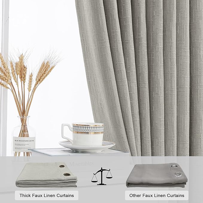 Jacquard Linen Curtains 96 inch Length 2 Panels Thick Faux Linen Blended Window Drapes Burlap Textured Curtains with Grommet for Living Room Bedroom Farmhouse (52x96 Light Khaki) Natural