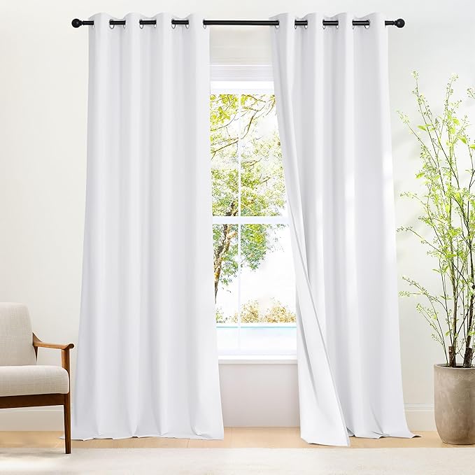 NICETOWN White 100% Blackout 90 inch Curtains for Bedroom, Grommet Full Blackout Window Treatments Heat Blocking for Living Room, W46 x L90, 2 Panels