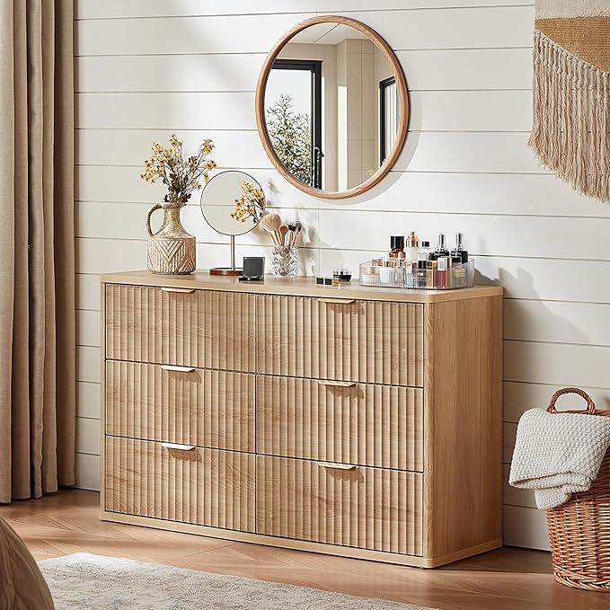 LEYAOYAO Fluted 5 Drawers Dresser Set of 2, 41" Tall Modern Chest of Drawers with Metal Handle, Curved Profile Dresser TV Stand, Wooden Drawer Organizer for Bedroom, Living Room, Hallway, Lightgrey
