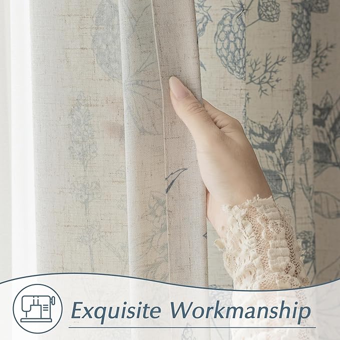 FMFUNCTEX Linen Curtains Floral Patterned Curtains for Bedroom Living Room, Blue Curtain 96 Inches Long Farmhouse, Light Filtering Beige Window Curtain Grommet Top 2 Panels Set