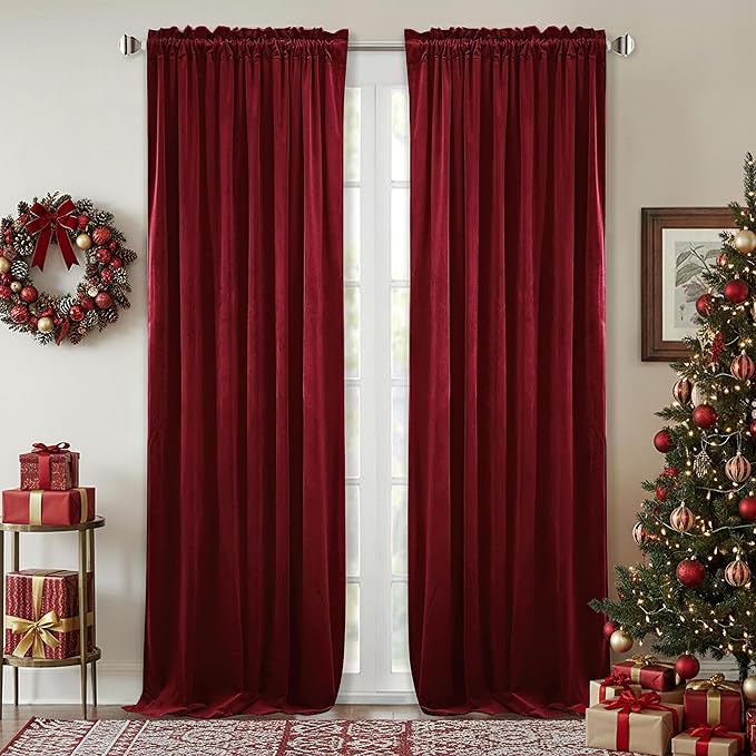 StangH Theater Red Velvet Curtains 120 inches Long, Luxury Christmas Home Decor Room Darkening Thermal Insulated Window Curtains for Living Room Bedroom, Rod Pocket Backdrops, W52 x L120, 2 Panels