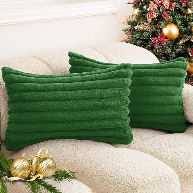 Christmas Dark Green Faux Fur Plush Lumbar Throw Pillow Covers 12x20 Set of 2 Fuzzy Striped Soft Cozy Pillowcase Luxury Decorative Pillows Fluffy Rectangle Cushion Cover Couch Bed