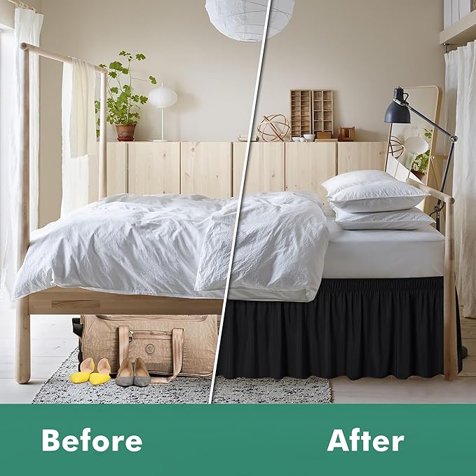 Biscaynebay Wrap Around Bed Skirts with Split Corners for King Beds 14" Drop, Black Elastic Dust Ruffles Adjustable Easy Fit Wrinkle & Fade Resistant Silky Luxurious Fabric Machine Washable