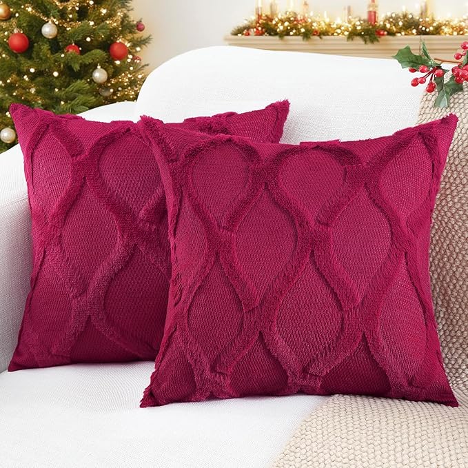 decorUhome Spring Throw Pillow Covers 18x18 Inch Set of 2, Soft Plush Faux Fur Wool Burgundy Couch Pillow Covers, Decorative Neutral Pillow Cases for Bed Sofa Living Room Home Decor