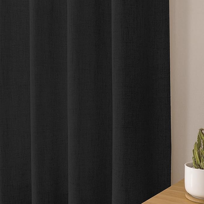 Tollpiz Linen Tier Curtains Rod Pocket Semi Sheer Short Kitchen Curtain Half Burlap Light Filtering Thick Linen Drape for Bathroom, 30 x 30 inches Long, Black, Set of 2 Panels