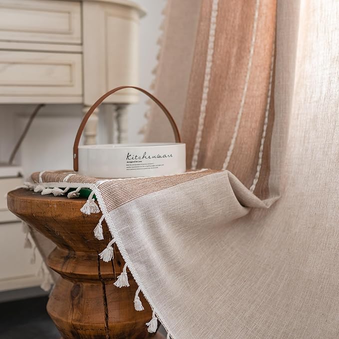 Sutuo Home Boho Curtains 90 inches for Living Room Bedroom, Semi Blackout Linen Farmhouse Shabby Chic Tassel Window Treatment Bohemian Embroidery Drape, Rod Pocket 1 Panel 52" W x 90" L, Coffee Linen