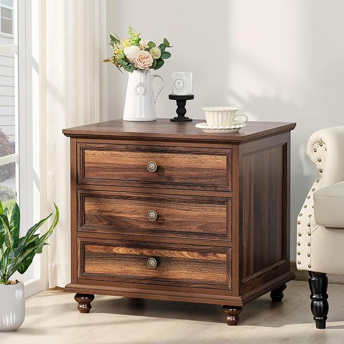 24" Wide Farmhouse Night Stand,Large End Table with 3 Drawers & Metal Handle,Dresser for Bedroom, Wood Bed Side Table Chest of Drawers Cabinet, Retro Brown Nightstand for Living Room,Closet