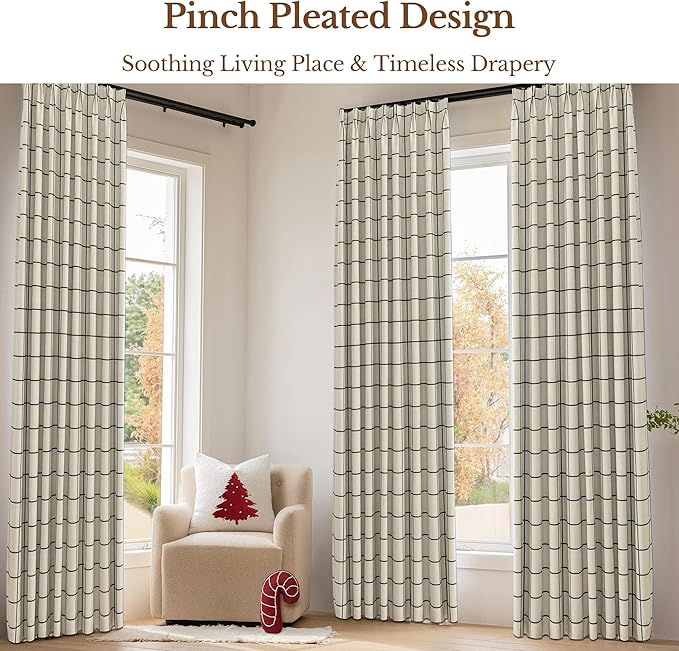 Plaid Pinch Pleated Curtains - Modern Luxury Linen Buffalo Blackout Drapes, Thermal Insulated Double Layer Window Panels for Living Room Bedroom, 102 Inches Long Black 2 Panels Set