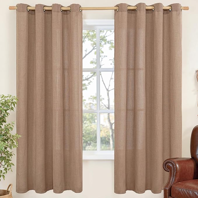 YoungsTex Mocha Brown Linen Curtains 72 Inch Length for Living Room, Light Filtering Drapes with Grommet Semi Sheer Rustic for Bedroom Windows, 2 Panels, 52 X 72 Inch