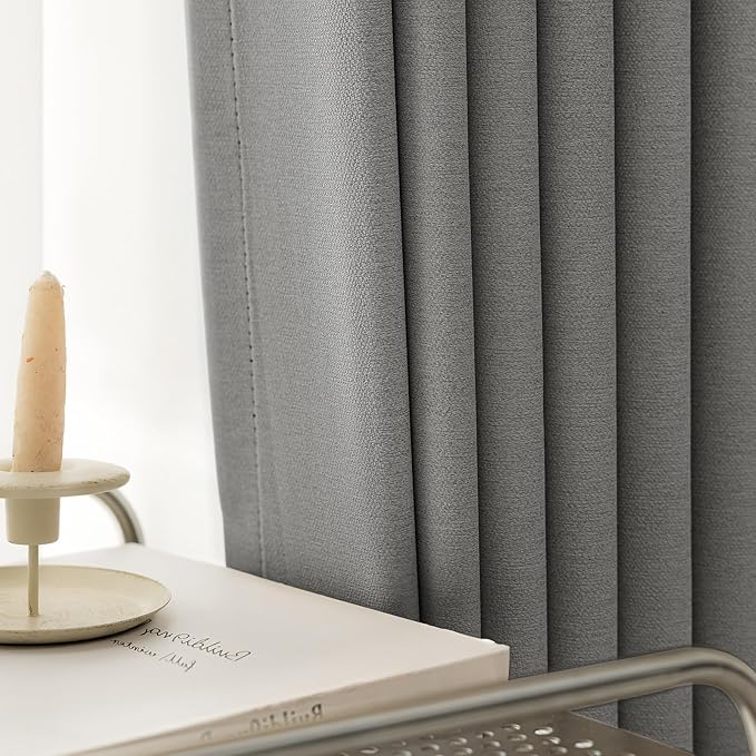100% Blackout Curtains 84 Inch Length 2 Panels Set for Living Room/Bedroom, Grommet Linen-Look Textured Light Blocking Room Darkening Energy Saving Thermal Insulated Drapes (W52xL84, Grey)