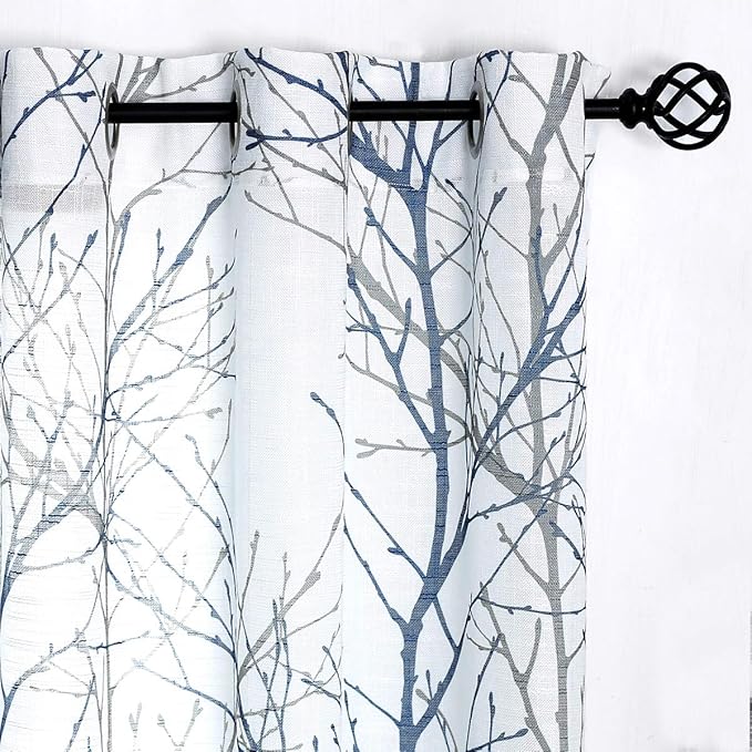 FMFUNCTEX Blue White Curtains 50" X 45" for Kitchen Living Room Tree Branch Print Wrinkle- Free Small Linen Texture Semi Sheer Window Panels for Bedroom 2 Panels, Grommet Top