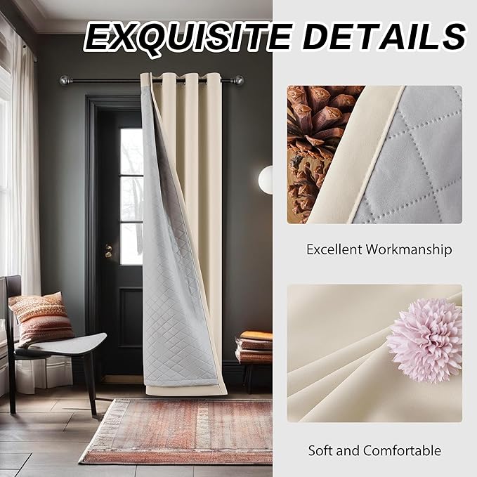 3-in-1 Winter Curtains Full Blackout Thermal Insulated Soundproof Grommet Curtains for Bedroom Living Room(Beige, 50x80 Inches, 1 Panel)