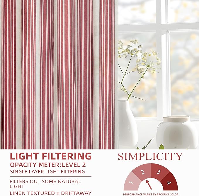 DriftAway Farmhouse Vertical Striped Linen Blend Textured Light Filtering Semi Sheer Curtains for Living Room Bedroom 63 Inches Long Drapes 2 Panels Broad Striped Linen Red