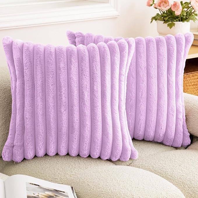 Double-Sided Faux Fur Plush Throw Pillow Covers 24x24 Set of 2 Fuzzy Striped Soft Cozy Pillowcase Luxury Decorative Pillows Square Fluffy Cushion Cover for Couch Bed Living Room,Purple