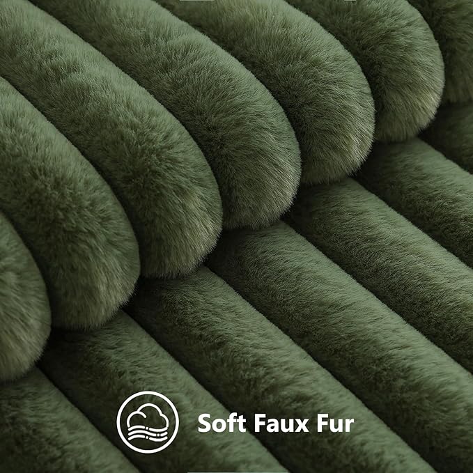 decorUhome Faux Fur Throw Pillow Covers 22x22 Set of 2, Decorative Soft Plush Striped Neutral Couch Euro Pillow Covers with Velvet Back for Sofa, Bed, Living Room Home Decor, Olive Green