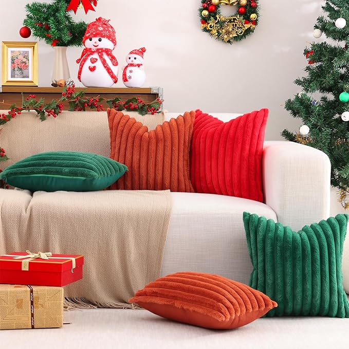Pallene Faux Fur Plush Christmas Throw Pillow Covers 20x20 Set of 2, Luxury Soft Fluffy Striped Decorative Pillow Covers for Sofa, Couch, Living Room, Christmas Green
