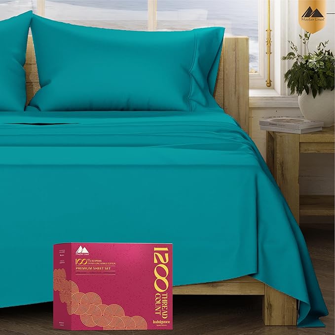 Mayfair Linen 100% Egyptian Cotton Sheets California King Size - 1200 Thread Count Cal King Size Sheets Set Egyptian Cotton, 4 PC Luxury Bedsheet (Teal), Soft, Cooling, 17" Deep Pocket Set