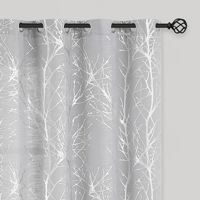 FMFUNCTEX Linen Semi Sheer Curtains for Bedroom & Living Room, Silver Metallic Print Grey Tree Panel, Light Filtering, 96 Inches Long, 2 Panels