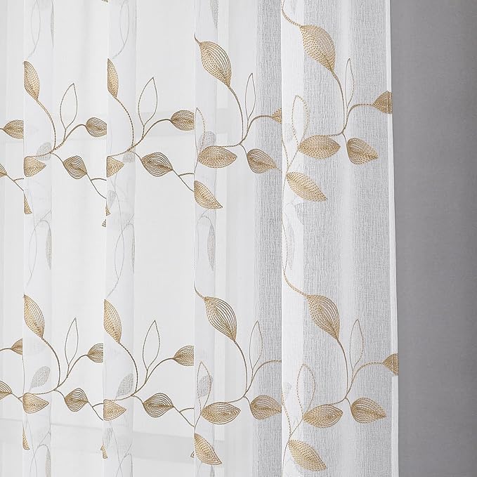 Tollpiz Taupe Leaf Sheer Curtains Leaves Embroidered Bedroom Short Curtain Rod Pocket Voile Window Treatment for Living Room, 38 x 54 inches Long, Set of 2 Panels